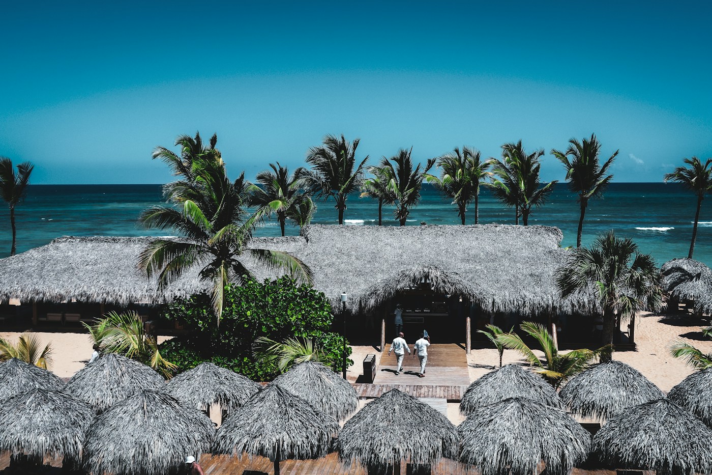 Tropical coastal resort with thatched roofs